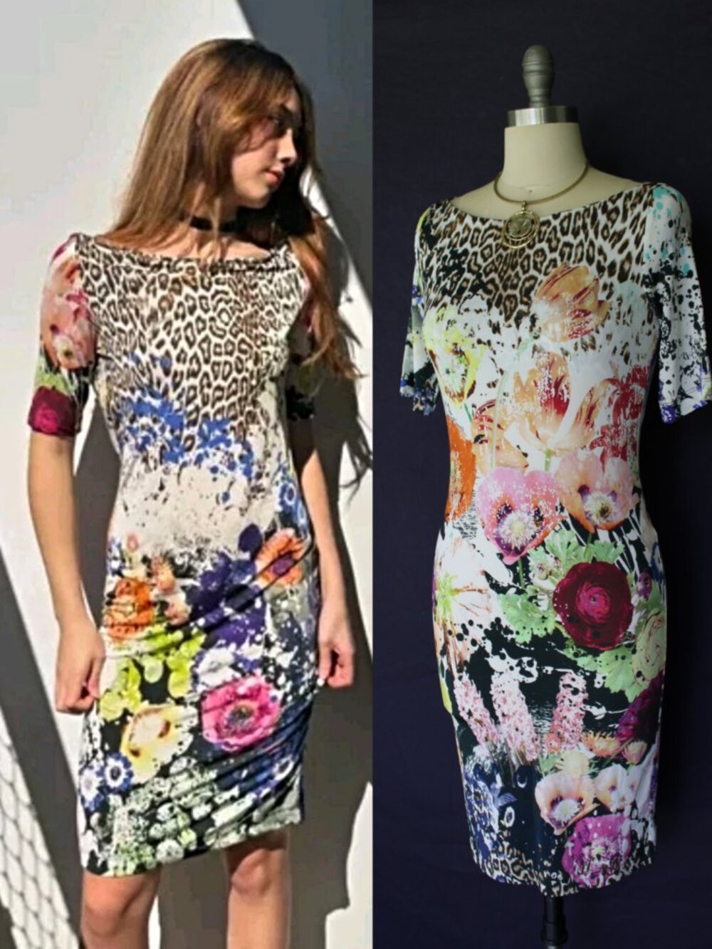 Just Cavalli Leopard Stretch Jersey tunic Dress  Animal Print Floral bandage 40
